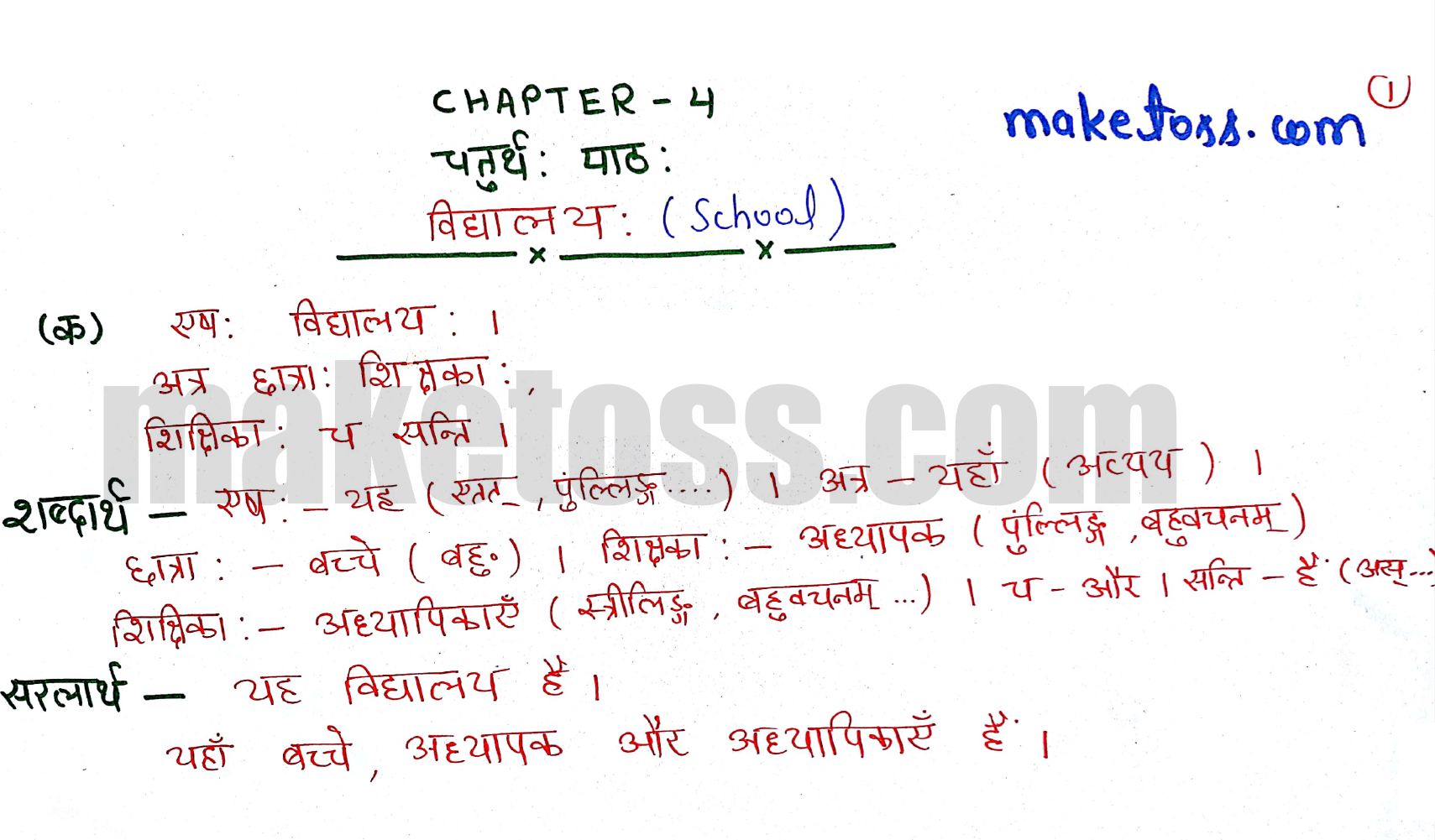 Sanskrit Class 6 chapter 4 - विद्यालय: translation in Hindi - Page 1 