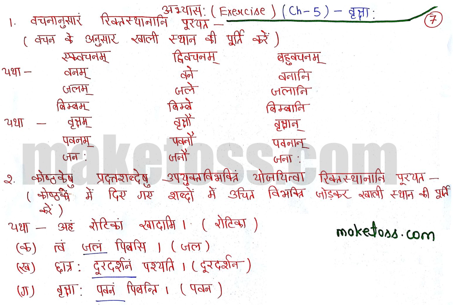 Sanskrit Class 6 chapter 5 वृक्षाः -NCERT Exercise Solution of Question 1 &2