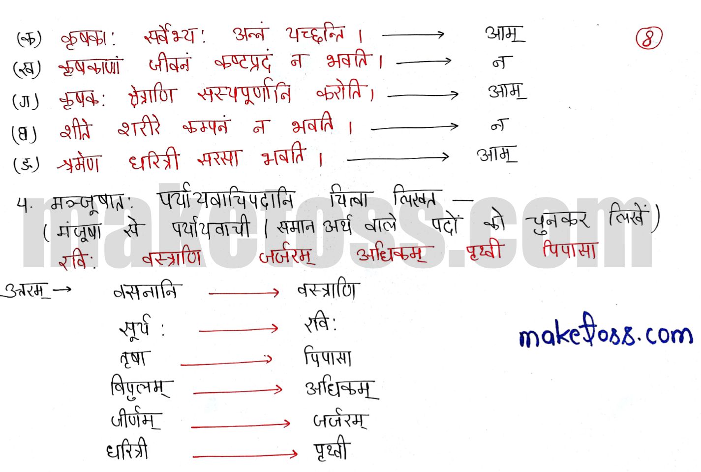 Sanskrit class 6 chapter 10 कृषिकाः कर्मवीरः -NCERT Exercise Solution of Q.3 continue and Q.4