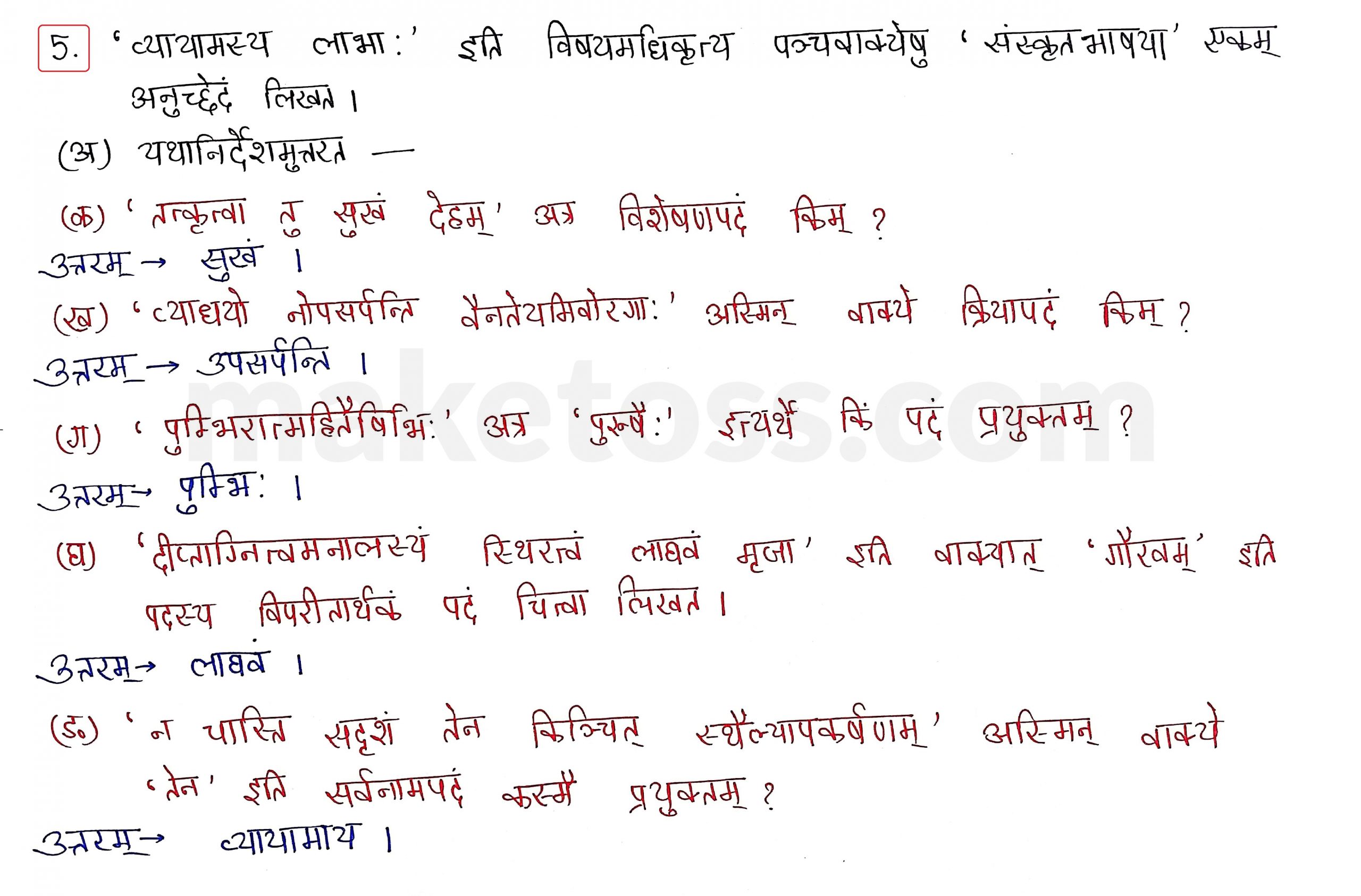 Sanskrit Class 10- Chapter 3 व्यायामः सर्वदा पथ्यः - Question 5 with Answer