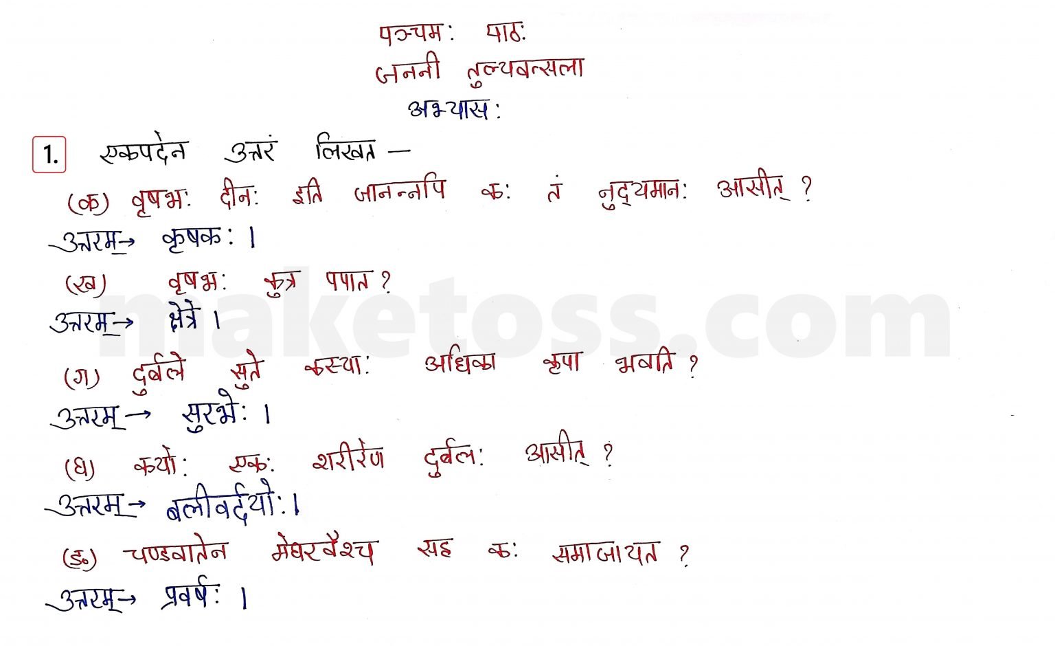 Sanskrit Class 10 - Chapter 4 - जननी तुल्यवत्सला - NCERT Exercise ...