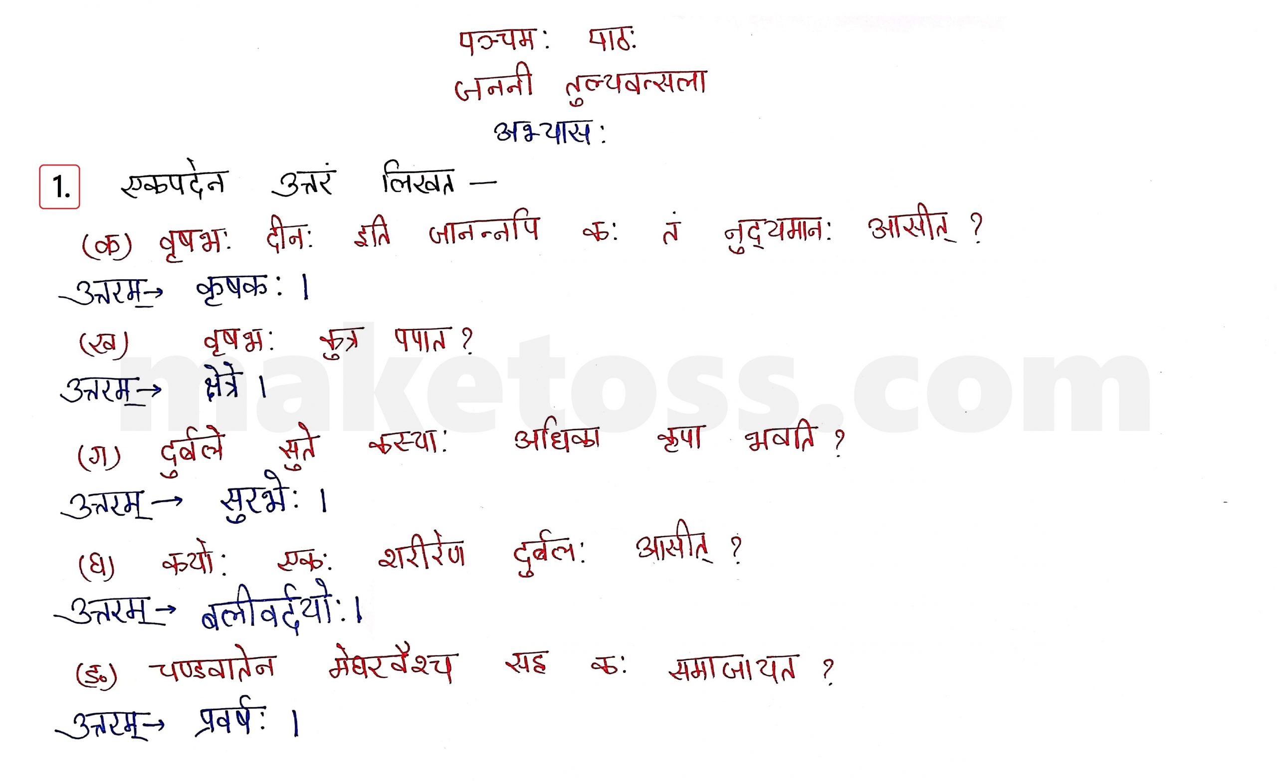 Sanskrit Class 10 - Chapter 5 - जननी तुल्यवत्सला  - Question 1 with Answer