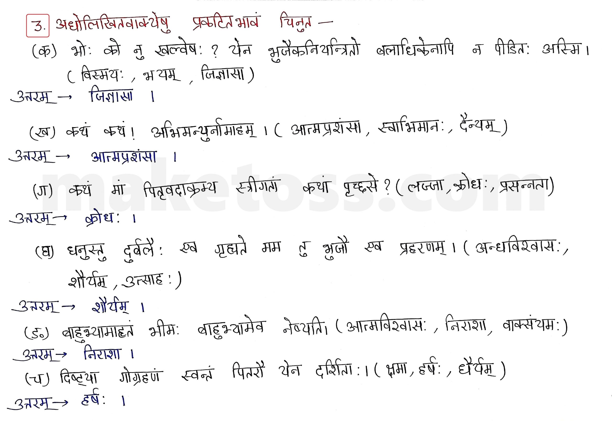 Sanskrit Class 9- Chapter 7 प्रत्यभिग्यानम्  - Question 3 with Answer